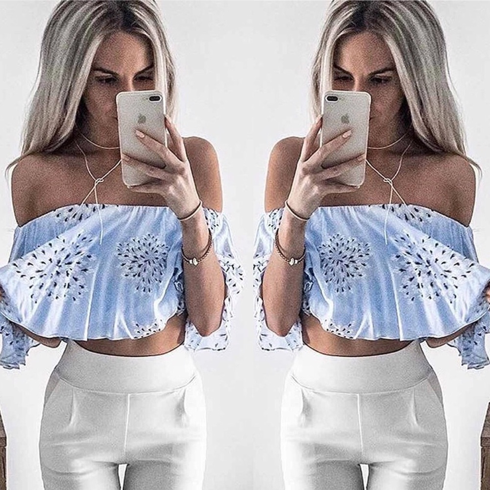 Blue Ruffle Off Shoulder Cropped Blouse - Picture 2 of 3