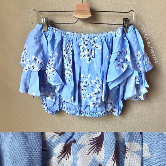 Blue Ruffle Off Shoulder Cropped Blouse - Picture 3 of 3