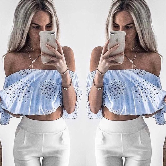 Blue Ruffle Off Shoulder Cropped Blouse - Picture 2 of 3