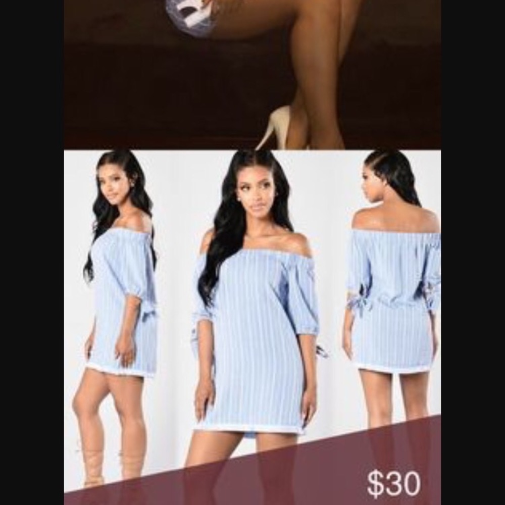 Blue and white striped off shoulder dress