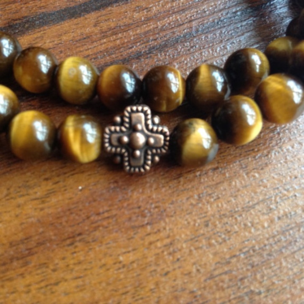 Tiger-Eye Beaded Cross Bracelet Duo