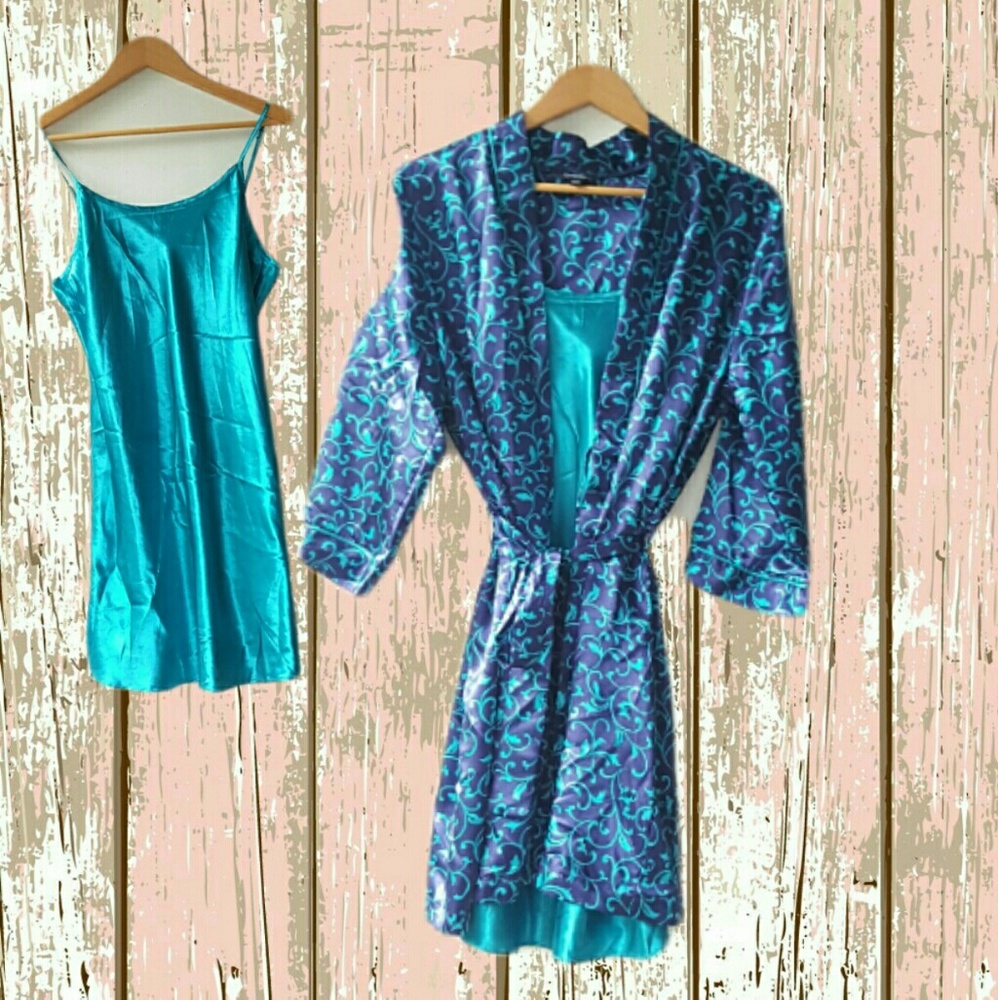 👡Set Teal Satin Robe👡