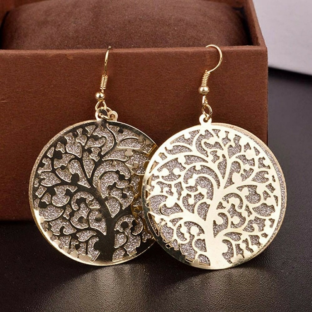 New!! Round Tree Of Life Earrings Sparkly Gold - Picture 1 of 7
