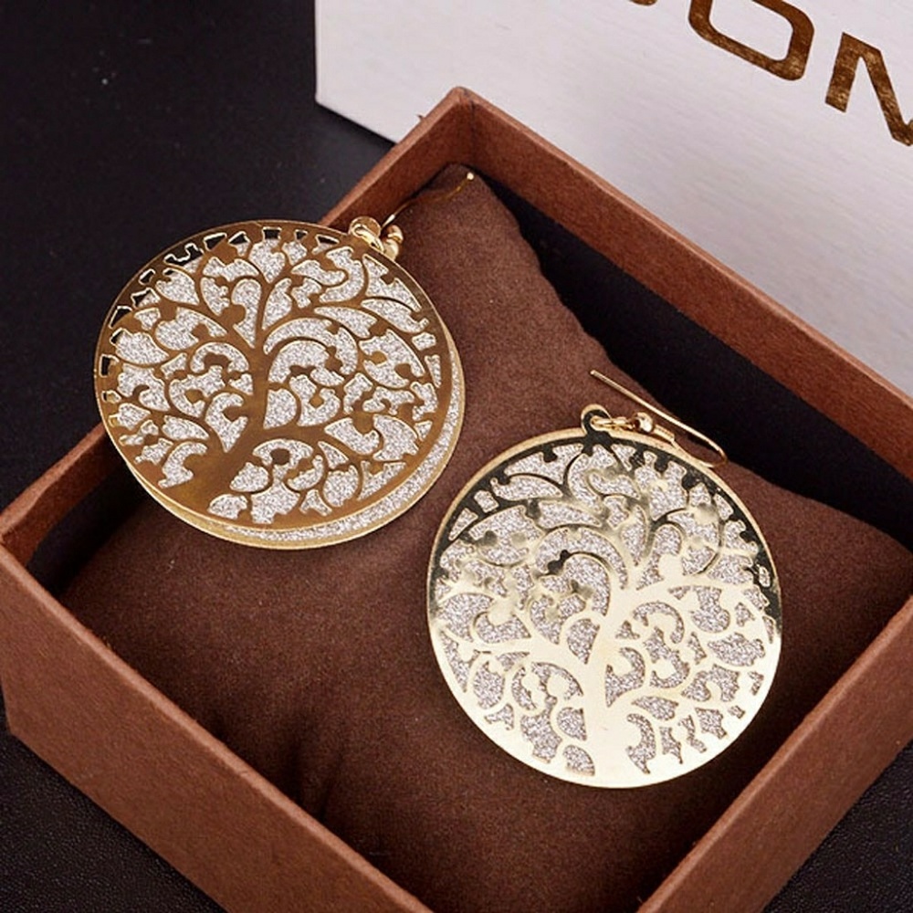 New!! Round Tree Of Life Earrings Sparkly Gold - Picture 3 of 7