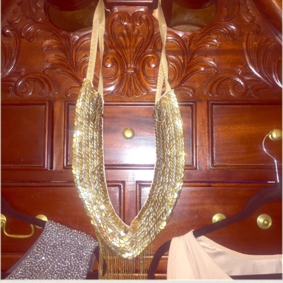 S T E A L🔥Haute Hippie Silver/Gold Metal Sequins & Chain Bib/Statement Necklace - Picture 2 of 4