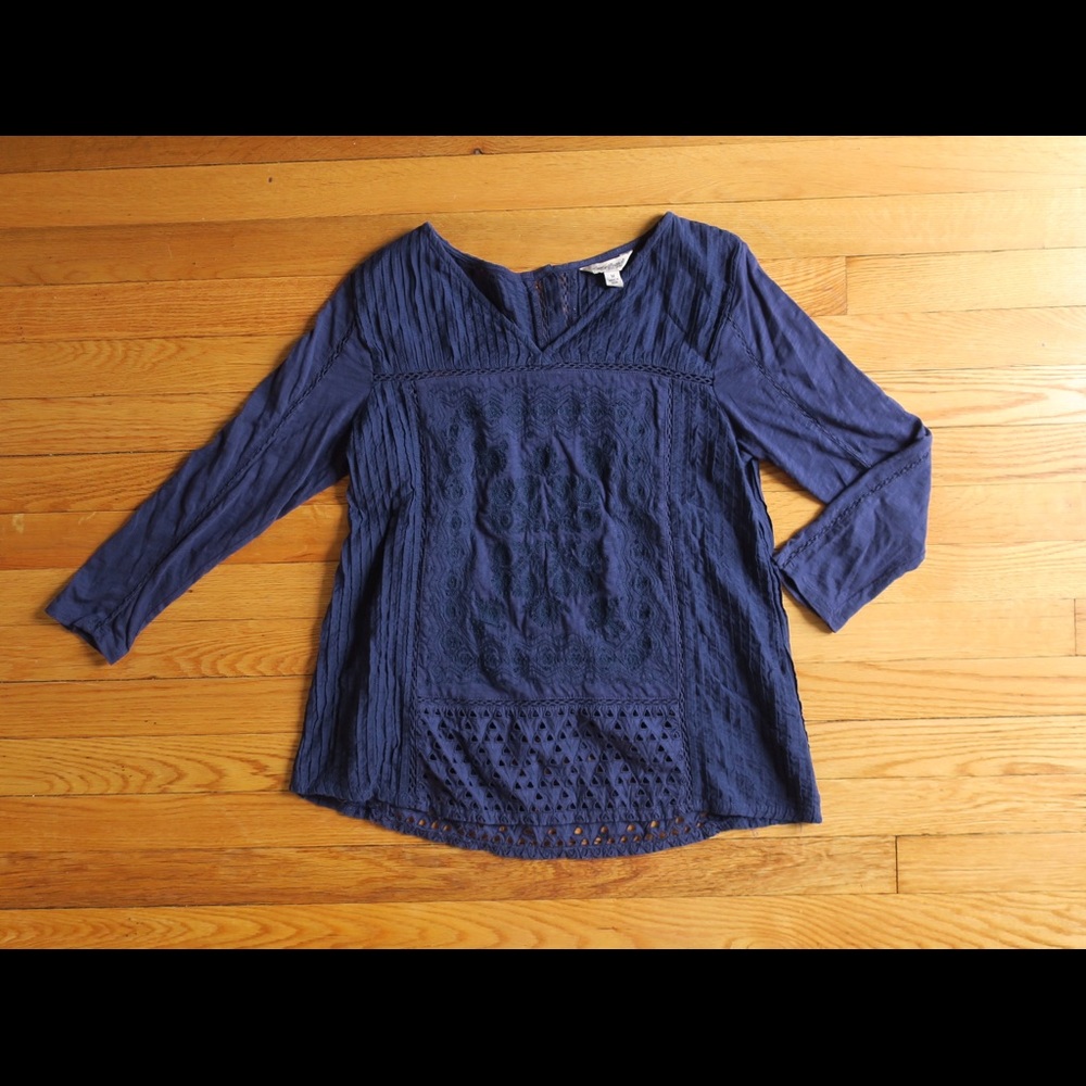 Lucky Brand Navy Blue Embroidered Boho Top, Sz M