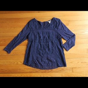 Lucky Brand Navy Blue Embroidered Boho Top, Sz M