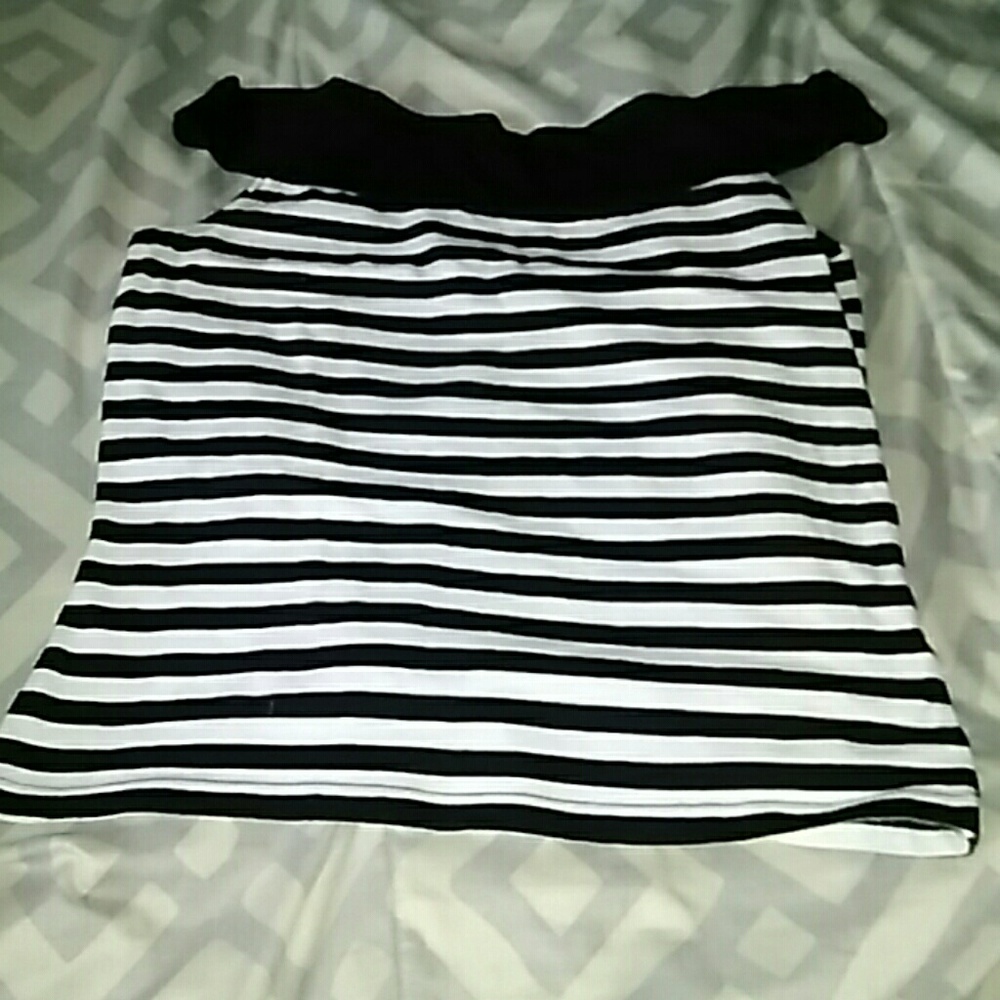 Stripped black and white shirt off the shoulder