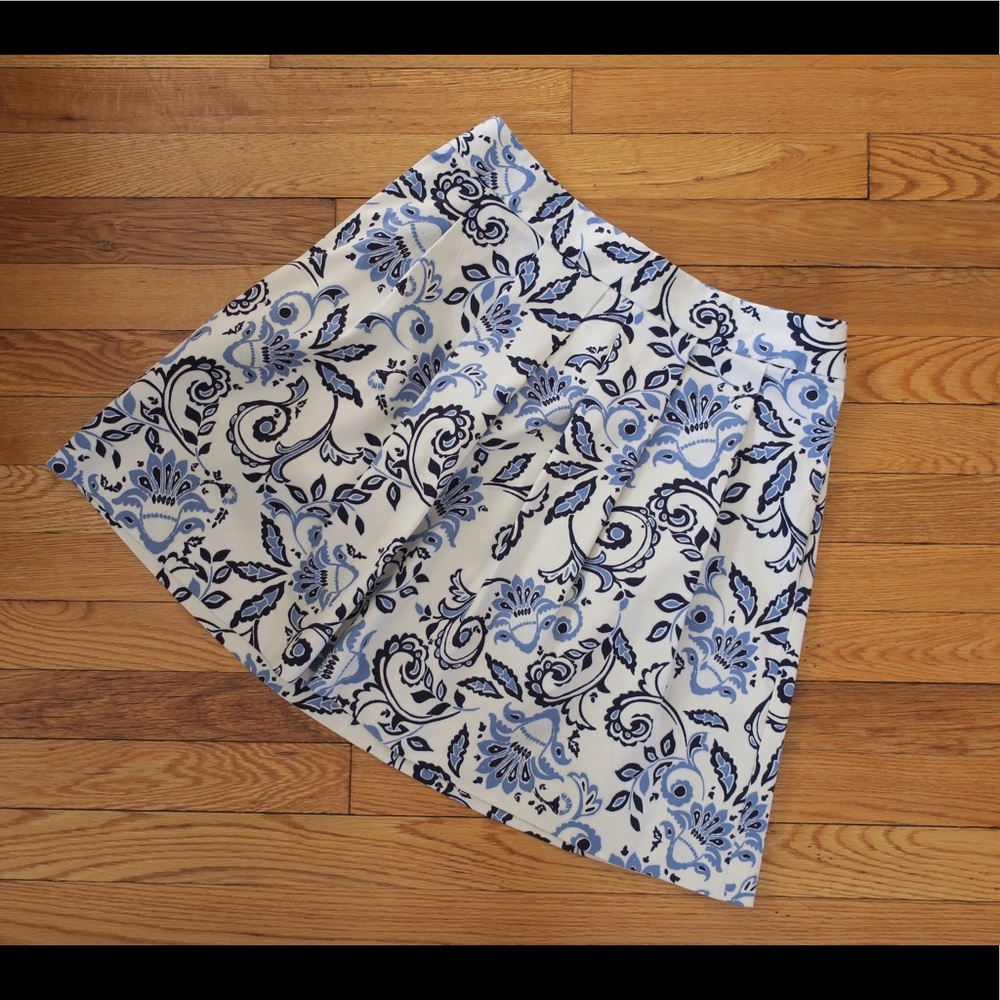 LOFT Cream Blue Swirl Paisley Pleated A Line Skirt