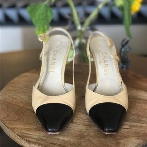 Authentic Vintage Chanel cap toe sling back heels
