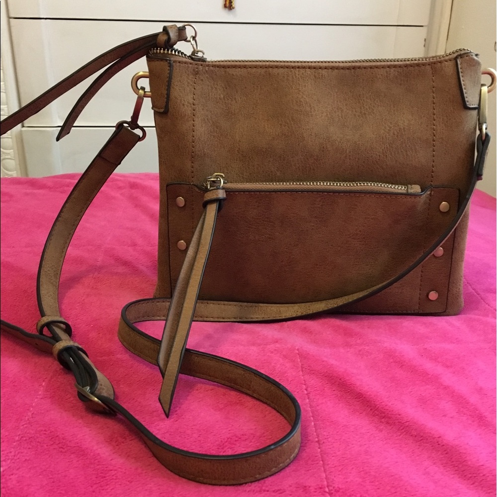 Leather Gold Studded Zip Top Crossbody Bag, Brown