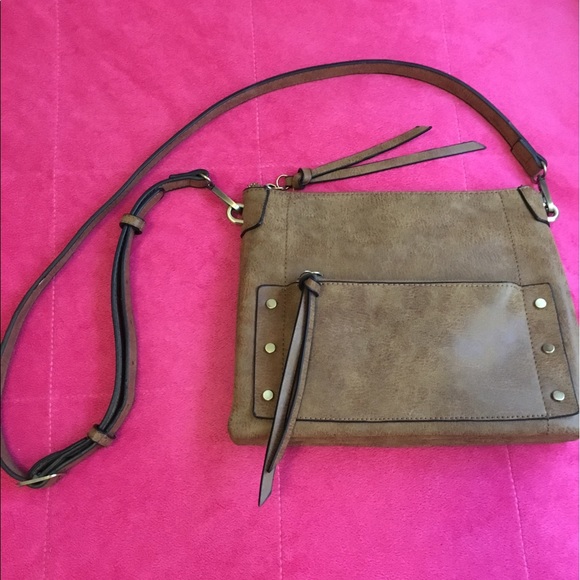 Leather Gold Studded Zip Top Crossbody Bag, Brown - Picture 2 of 7