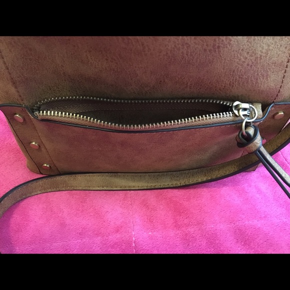 Leather Gold Studded Zip Top Crossbody Bag, Brown - Picture 5 of 7