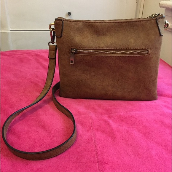 Leather Gold Studded Zip Top Crossbody Bag, Brown - Picture 6 of 7