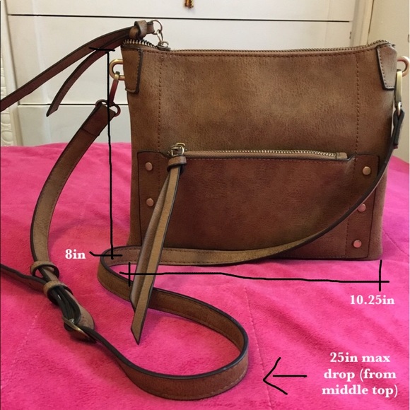 Leather Gold Studded Zip Top Crossbody Bag, Brown - Picture 7 of 7