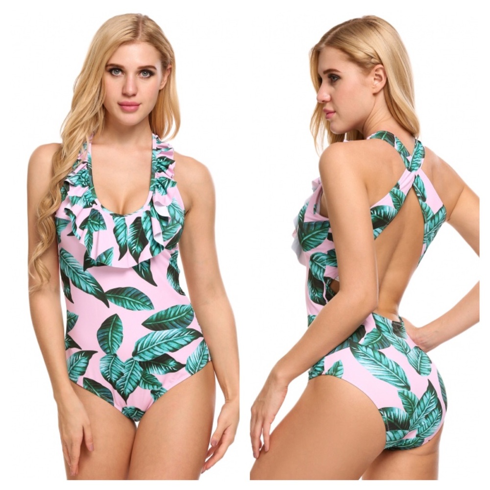 Pink Floral Ruffle Front Cross Back Swimsuit