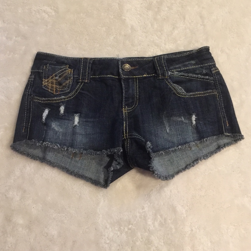 Dark-wash ripped denim shorts