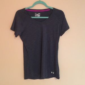 Gray short-sleeved Under Armour workout top