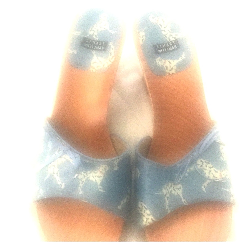 Stuart Weitzmann Dalmatian wood mules.