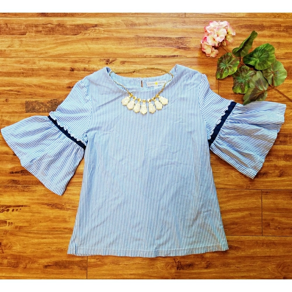 Blue Striped Ruffle Bell Sleeve Top, Frill Top