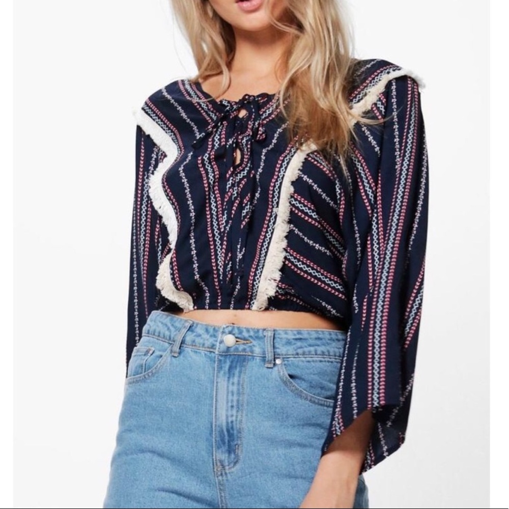 Tassel Trim Lace Up Printed Blouse