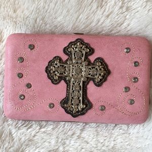 Country road pink suede rhinestone cross wallet