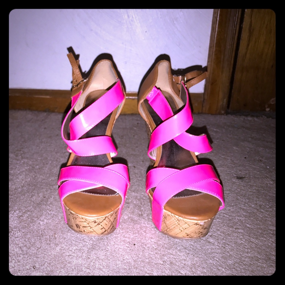 Hot Pink Wooden Wedged Heels