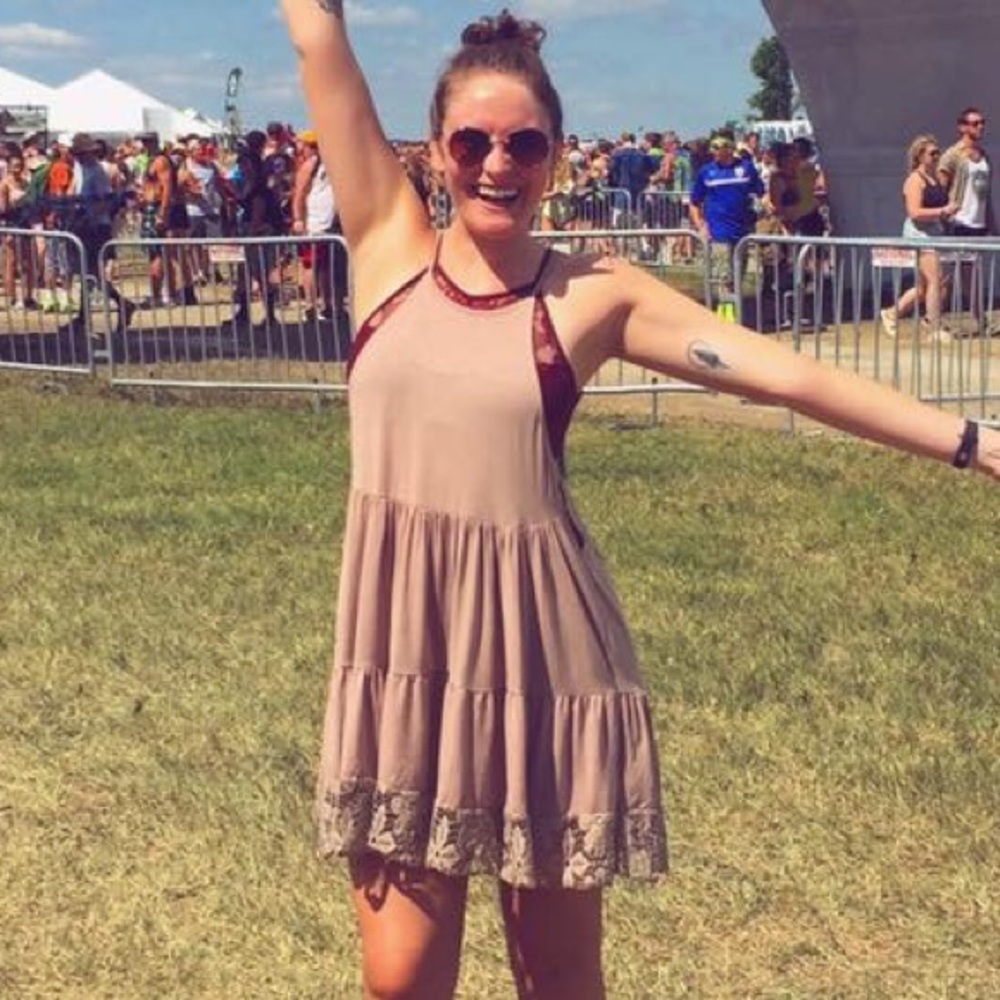 POL tan dress with lace detail