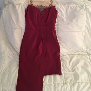 Maroon asymmetrical hem dress with illusion mesh