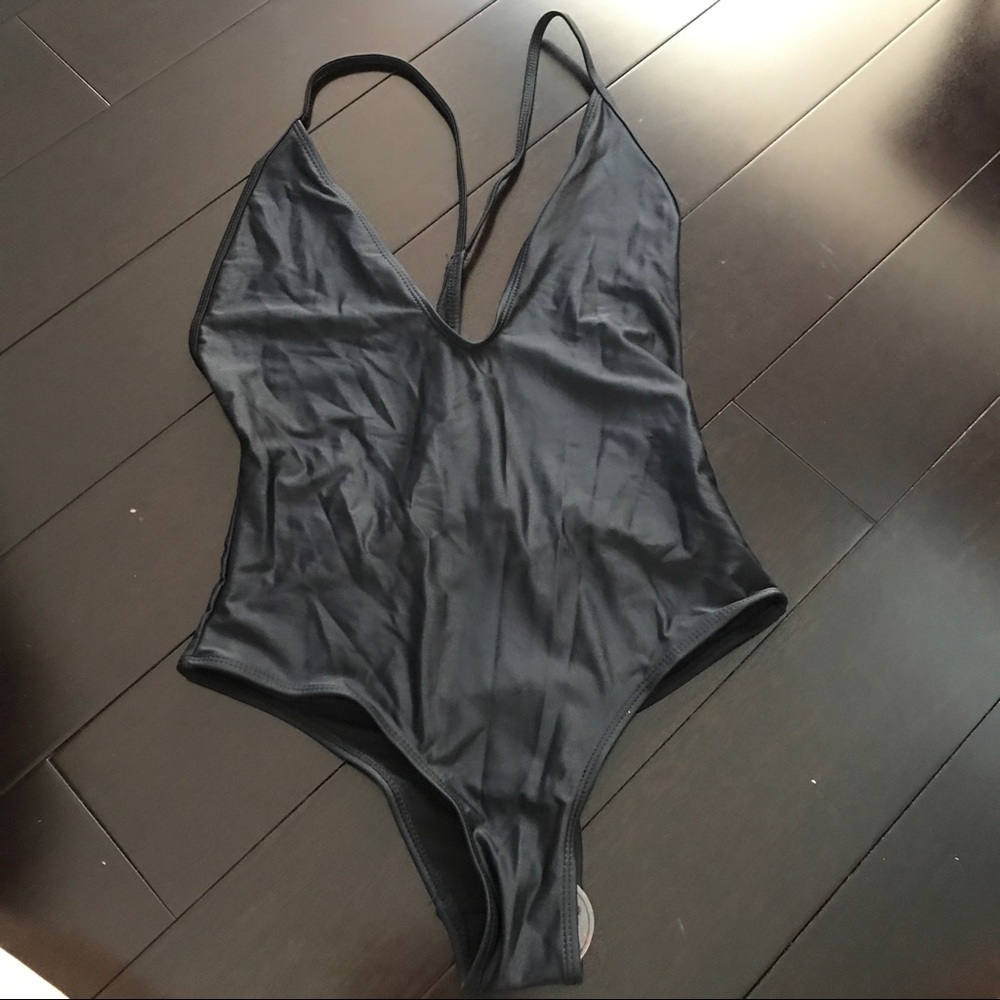 Black deep V cut one piece swimsuit