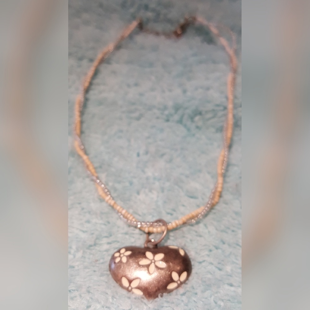 Heart Pendant On A Twisted Seed Bead Necklace 17"L