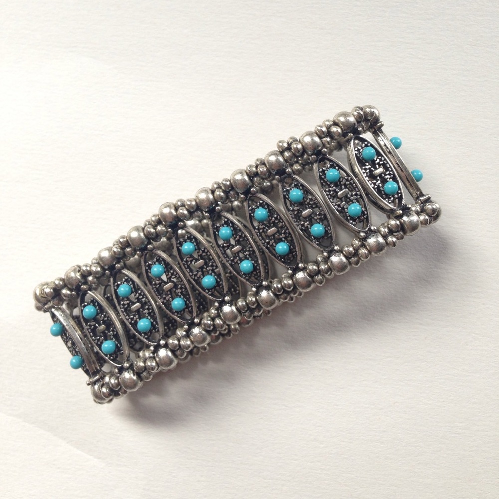 AEO Turquoise & Silver Elastic Boho Cuff • NWOT