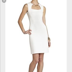 BCBG white sheath dress with gold neckline. Size 6