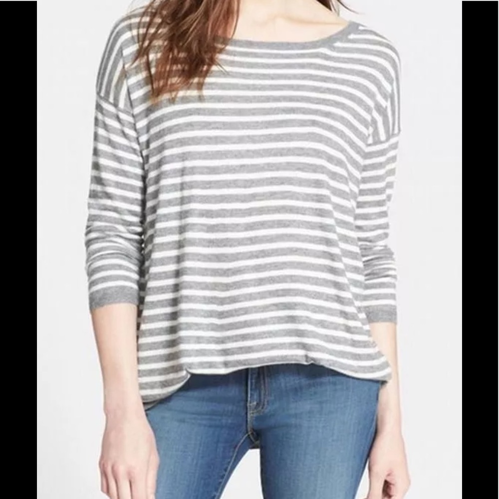 Joie Millie Gray White Knit Stripped Top  Sweater