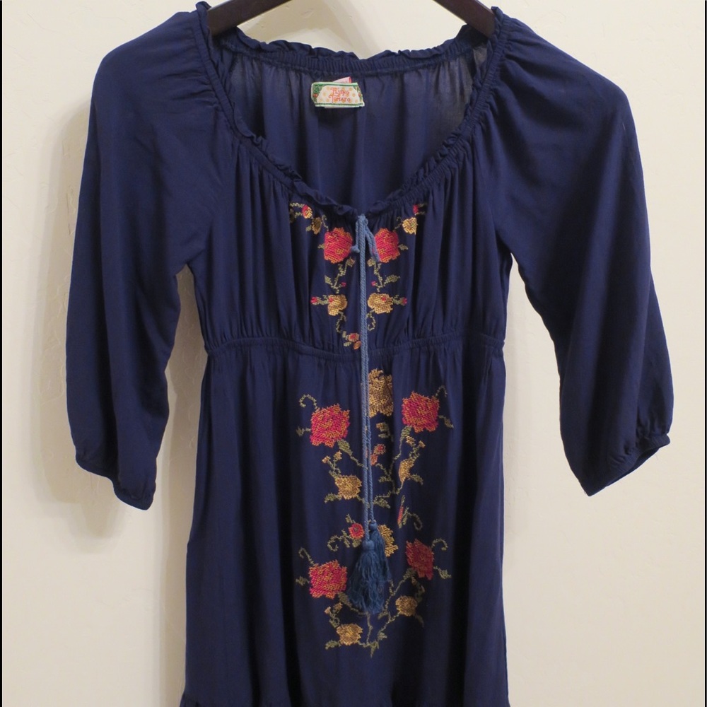 Navy Embroidered Peasant Dress Shirt