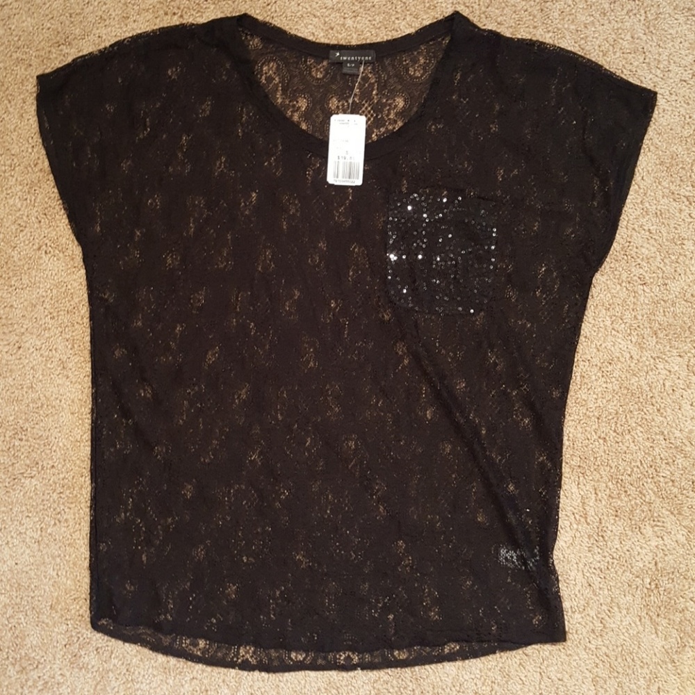 Black lace top with sequin pocket