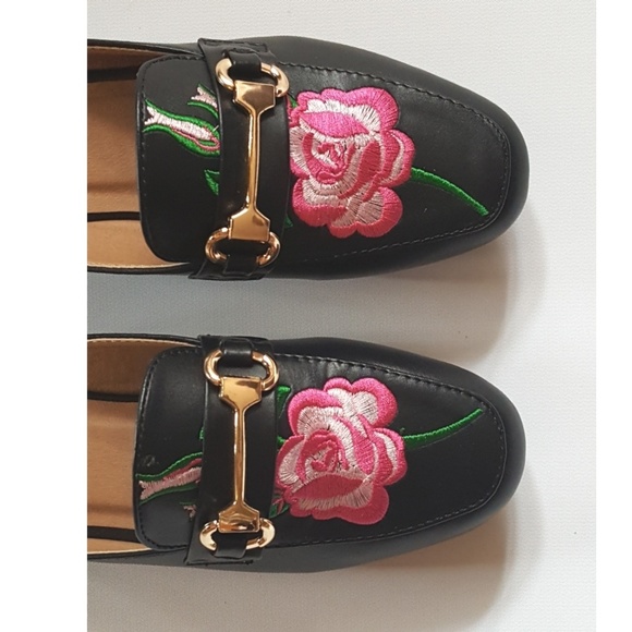 Floral rose embroidered mules black pink gold - Picture 3 of 4