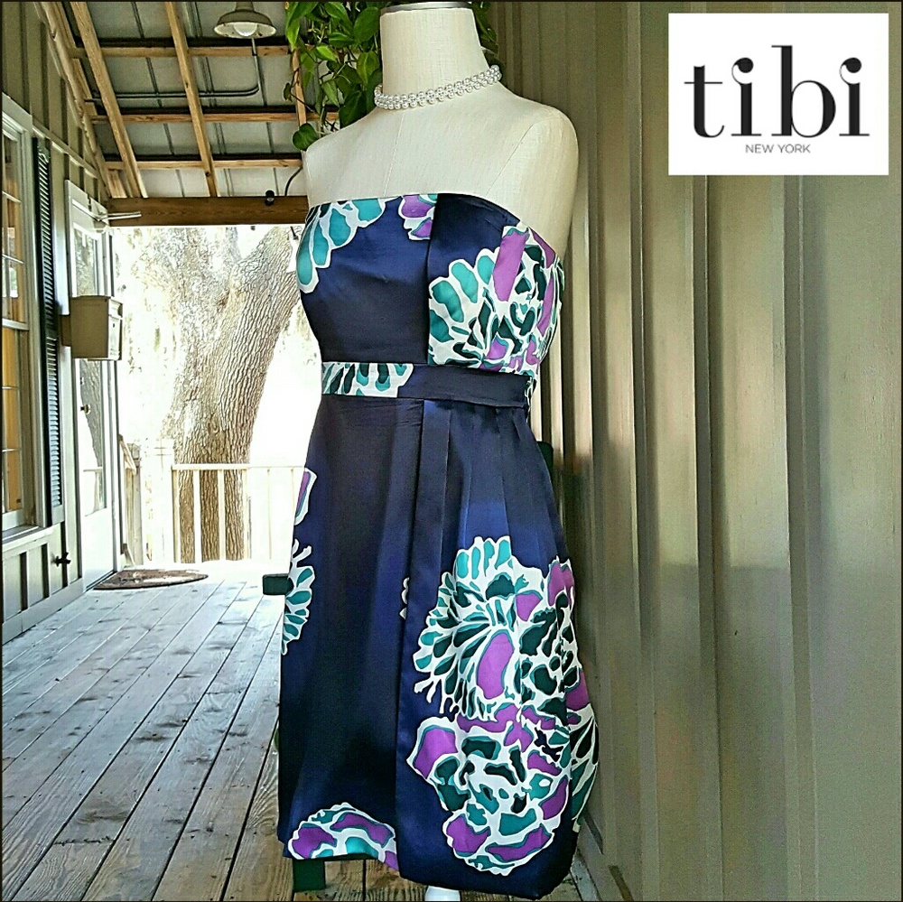 Tibi Navy Blue Strapless Silk Dress Size 12 - Picture 1 of 3
