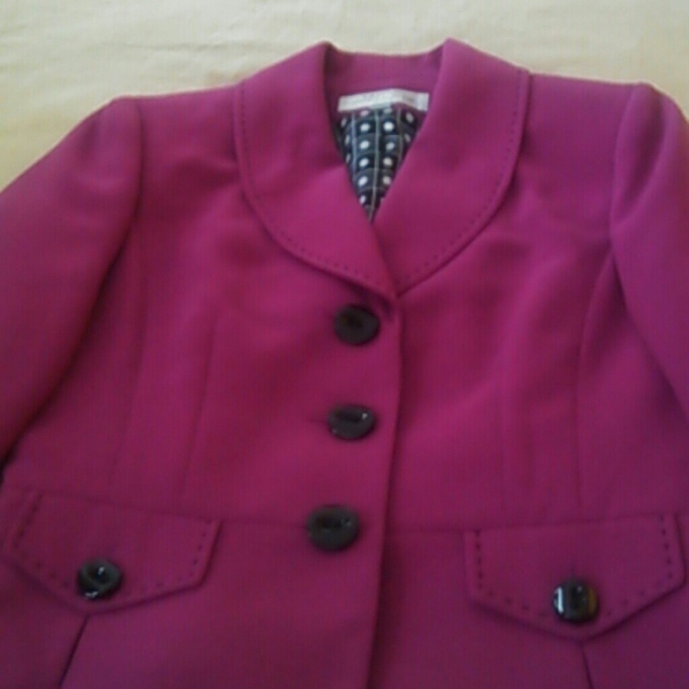 Tahari purple jacket and black pencil skirt suit