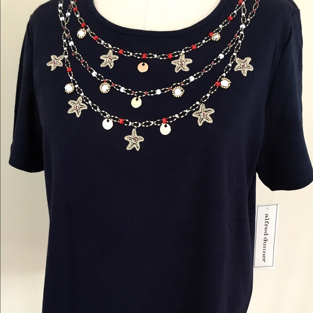 ALFRED DUNNER Ladies Short Sleeve Scoop Neck Navy Top Sz: 12/14 (NWT)