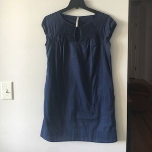 Navy Embroidered Dress With Pockets
