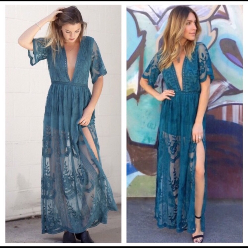 Teal embroidered lace maxi dress