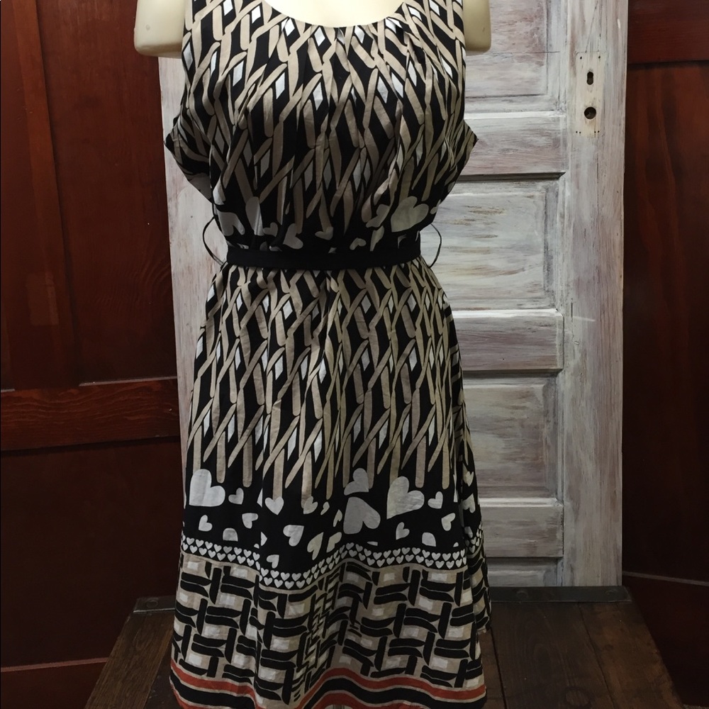 Tan, Black, and White Patterned Dress