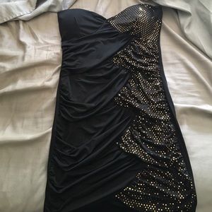 Black & Gold short black mini strapless dress