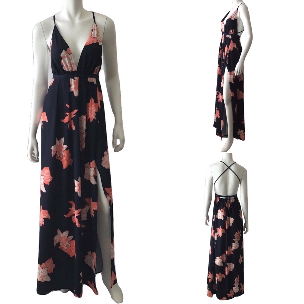 Navy Floral Strappy Back Maxi Dress - Picture 2 of 5
