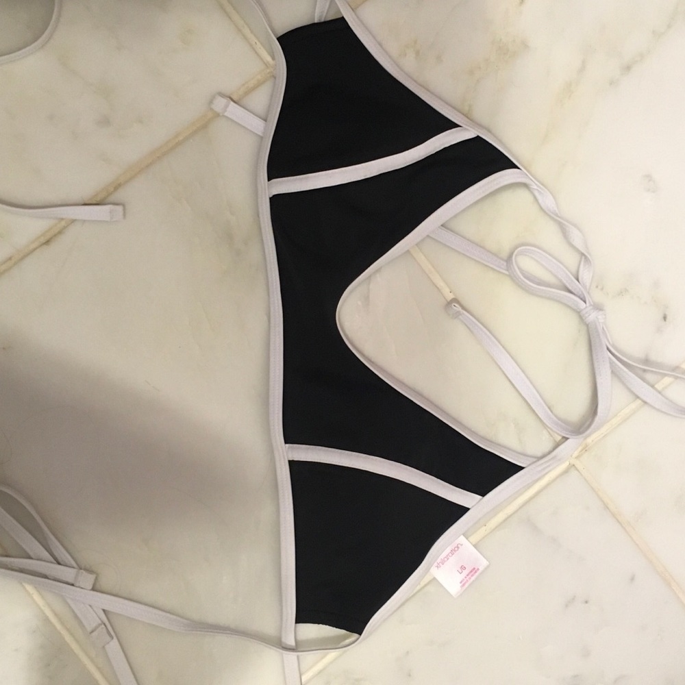 Black and white double strap bikini top