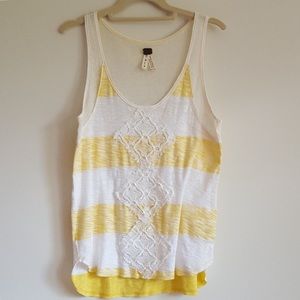 Free People White and Yellow Top with Mesh Back