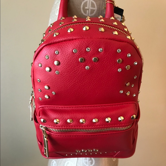 Bebe Jett Triangle Backpack Bag Purse Red Studs - Picture 3 of 7