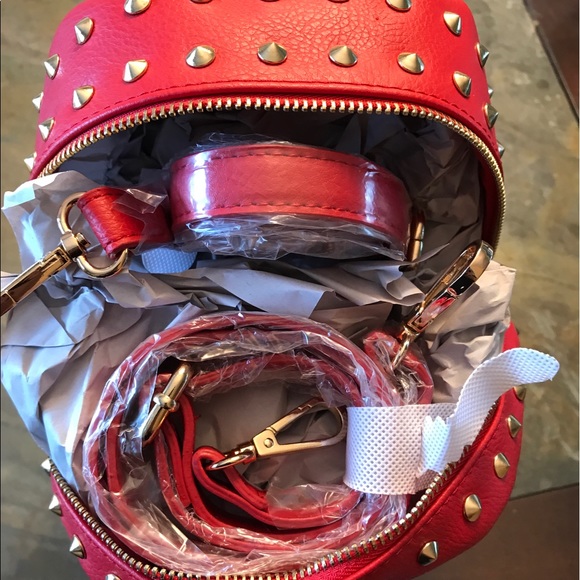 Bebe Jett Triangle Backpack Bag Purse Red Studs - Picture 7 of 7