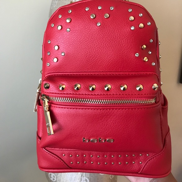 Bebe Jett Triangle Backpack Bag Purse Red Studs - Picture 2 of 7